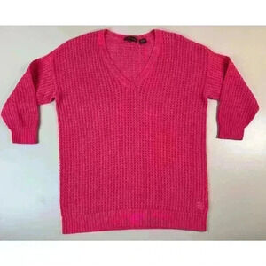 Jeanne Pierre Pink Cotton Open Knit V Neck Coastal Cozy Sweater Women’s Large